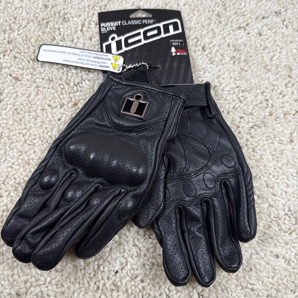 NWT! Icon Pursuit Black Leather Motorcycle Gloves - Perforated